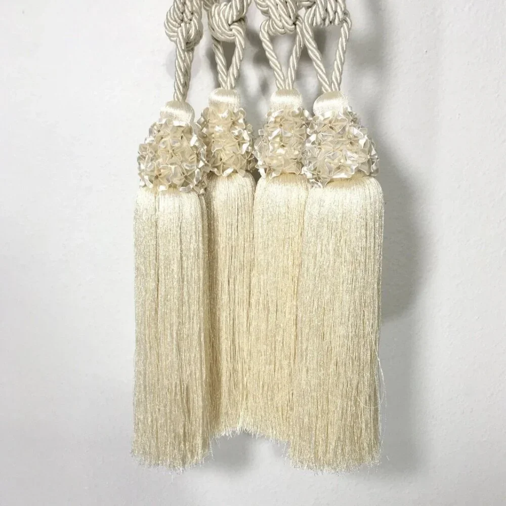 4 Large Drapery Curtain Tiebacks 11”Tassel 16”Rope Ivory Victorian Fairy Whimsy
